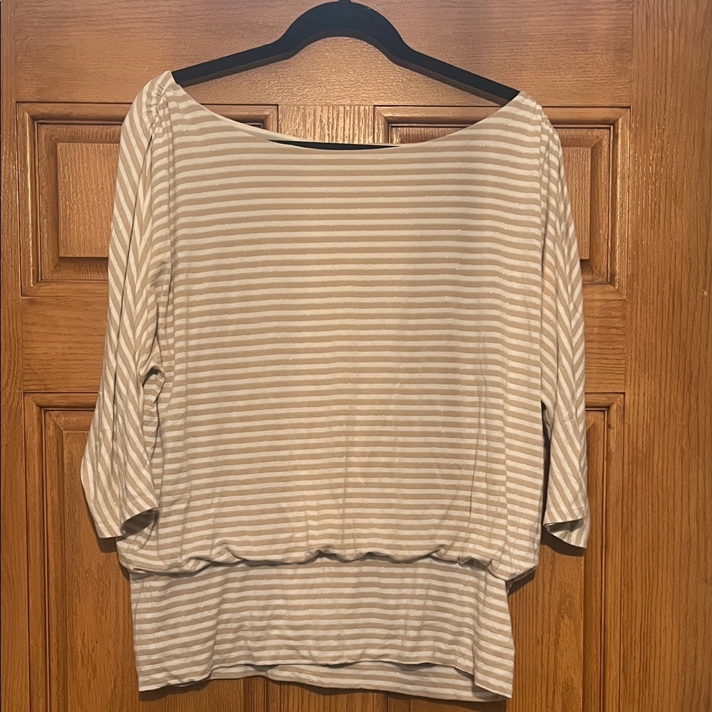 White House Black Market Beige and White Striped Boatneck Tunic